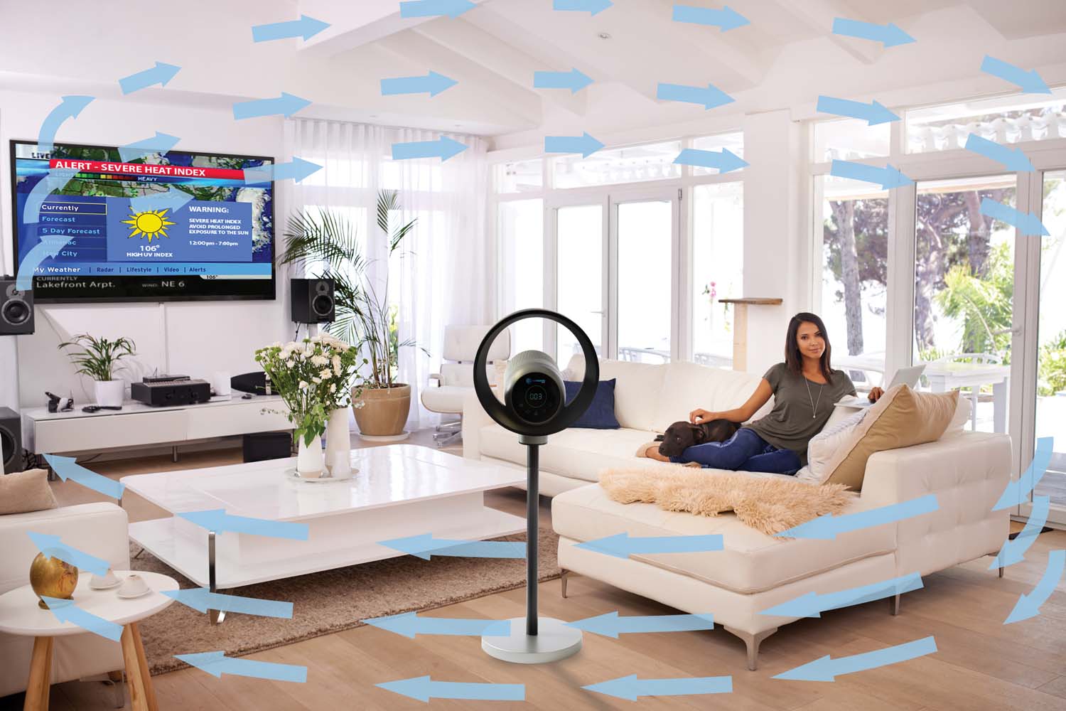 AirGuard 360 in a Living Room with a woman, Arrows showing airflow